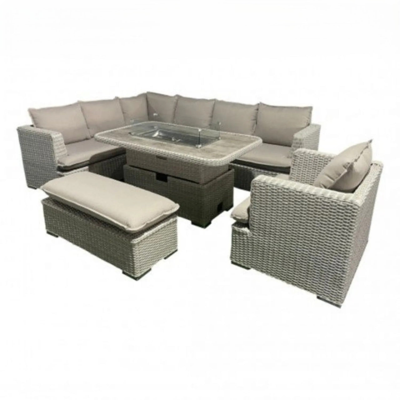 Grey Rattan Garden Corner Rising Firepit Dining Set