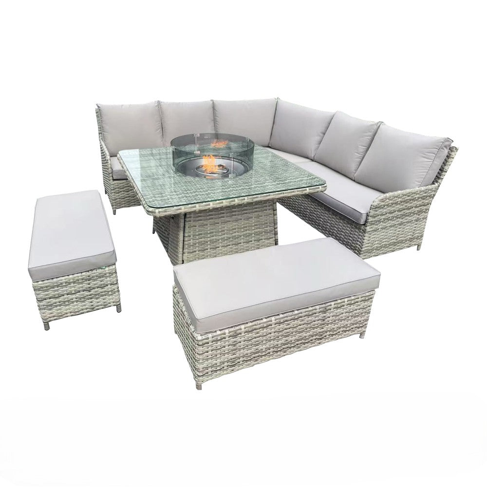 Grey Rattan Outdoor Garden Firepit Square Corner Dining Set