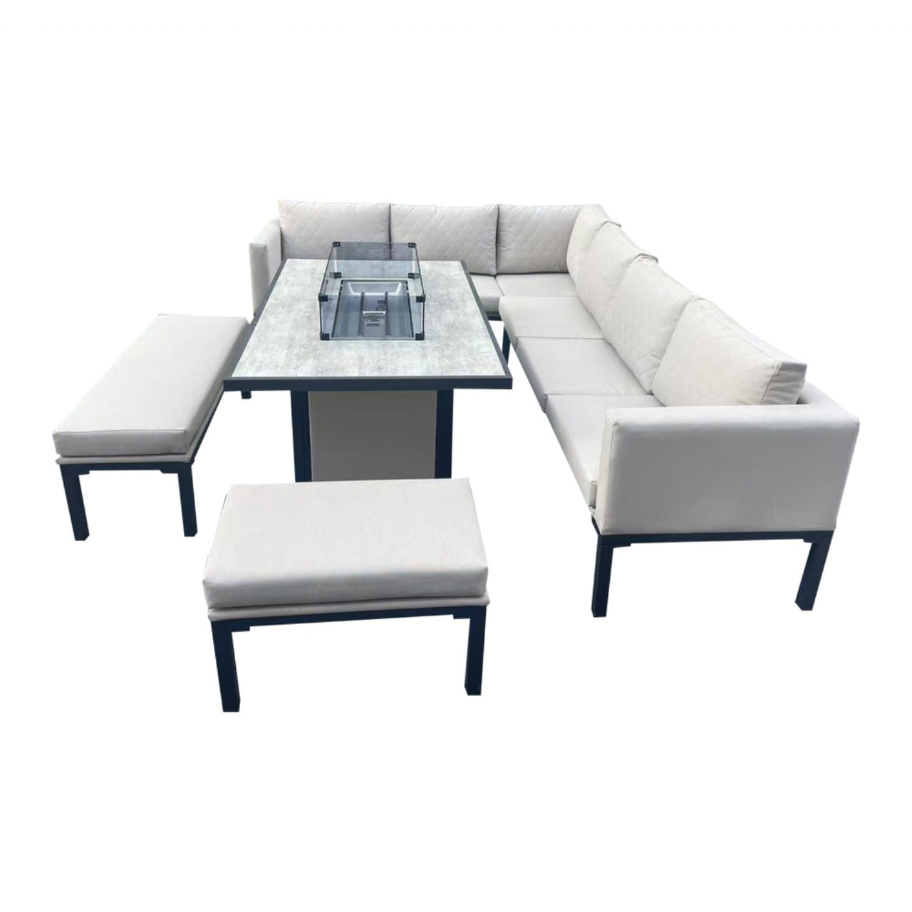 Beige Aluminium Rectangular Garden Corner Firepit Dining Set - Home On Trend Interiors