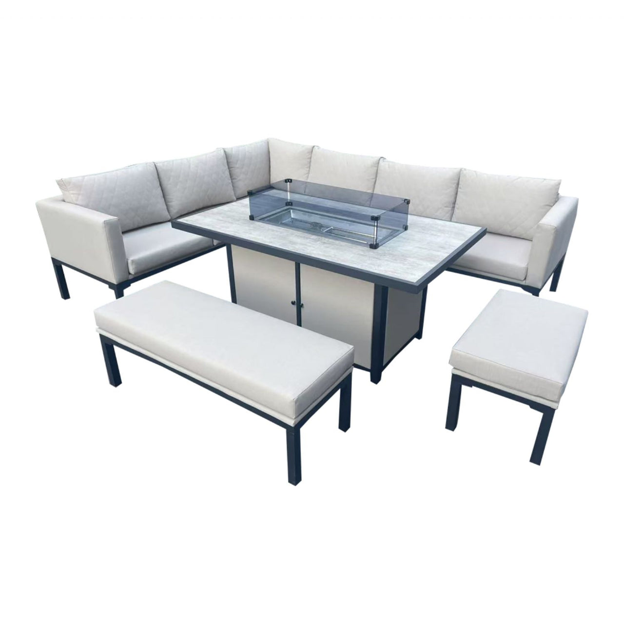 Beige Aluminium Rectangular Garden Corner Firepit Dining Set