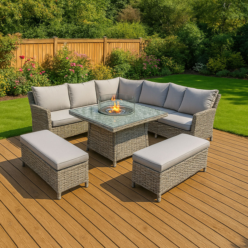 Grey Rattan Outdoor Garden Firepit Square Corner Dining Set - Home On Trend Interiors